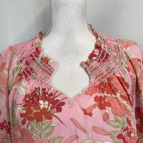 Talbots Blouse size Extra Small Pink Coral Floral Smocked Peasant Boho Wedding - Picture 3 of 8